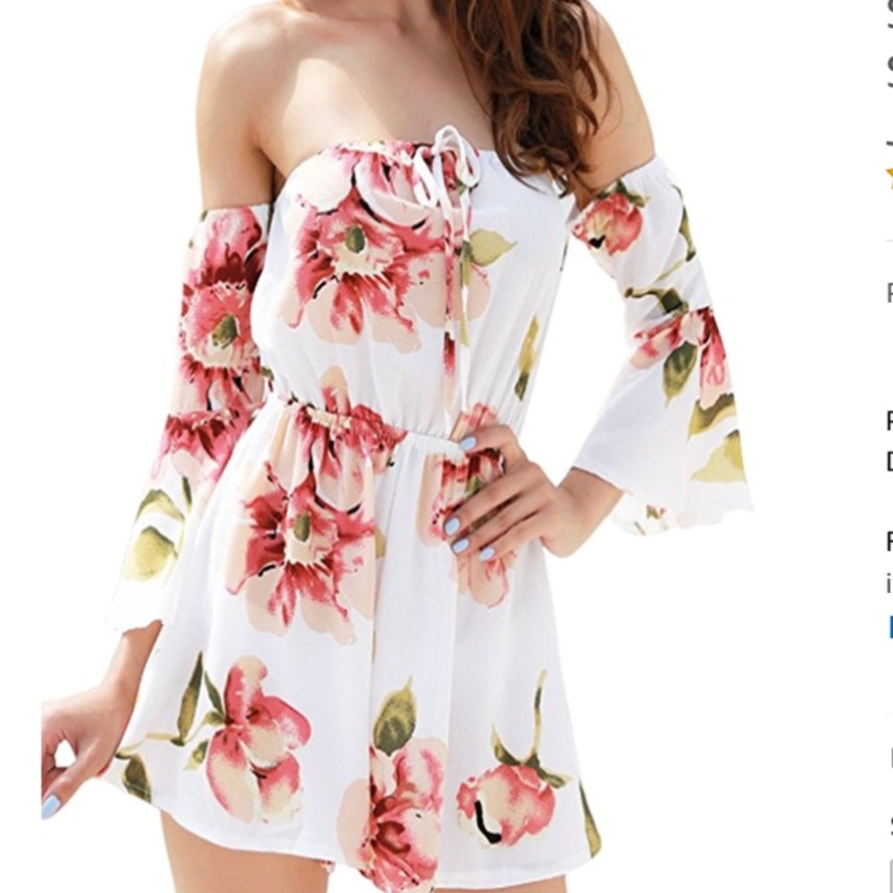 Floral Off Shoulder Trumpet Sleeves  Romper - Picture 4 of 8